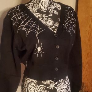 Black as Night Embroidered Spiderweb Cardigan Button Knit 0XL (SZ 12-14)